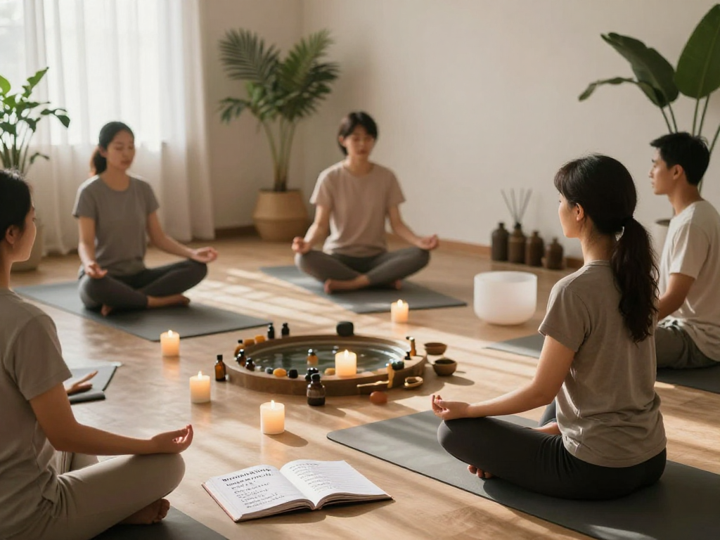 Meditation session practicing mantra 88 in a tranquil studio with aromatic candles.