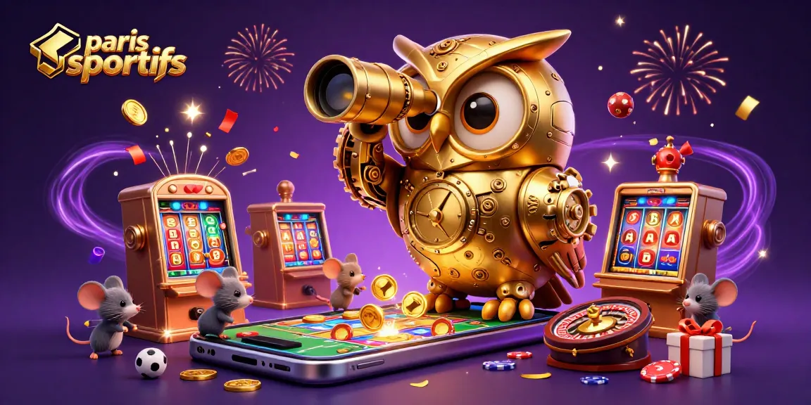 Pariez sur le site paris sportifs avec une illustration dynamique de machines à sous et un hibou doré.