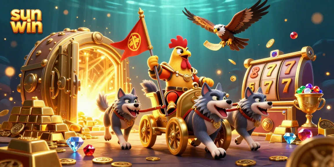 Win big with sun win as a rooster warlord and fierce companions battle for treasure in a vibrant casino scene.