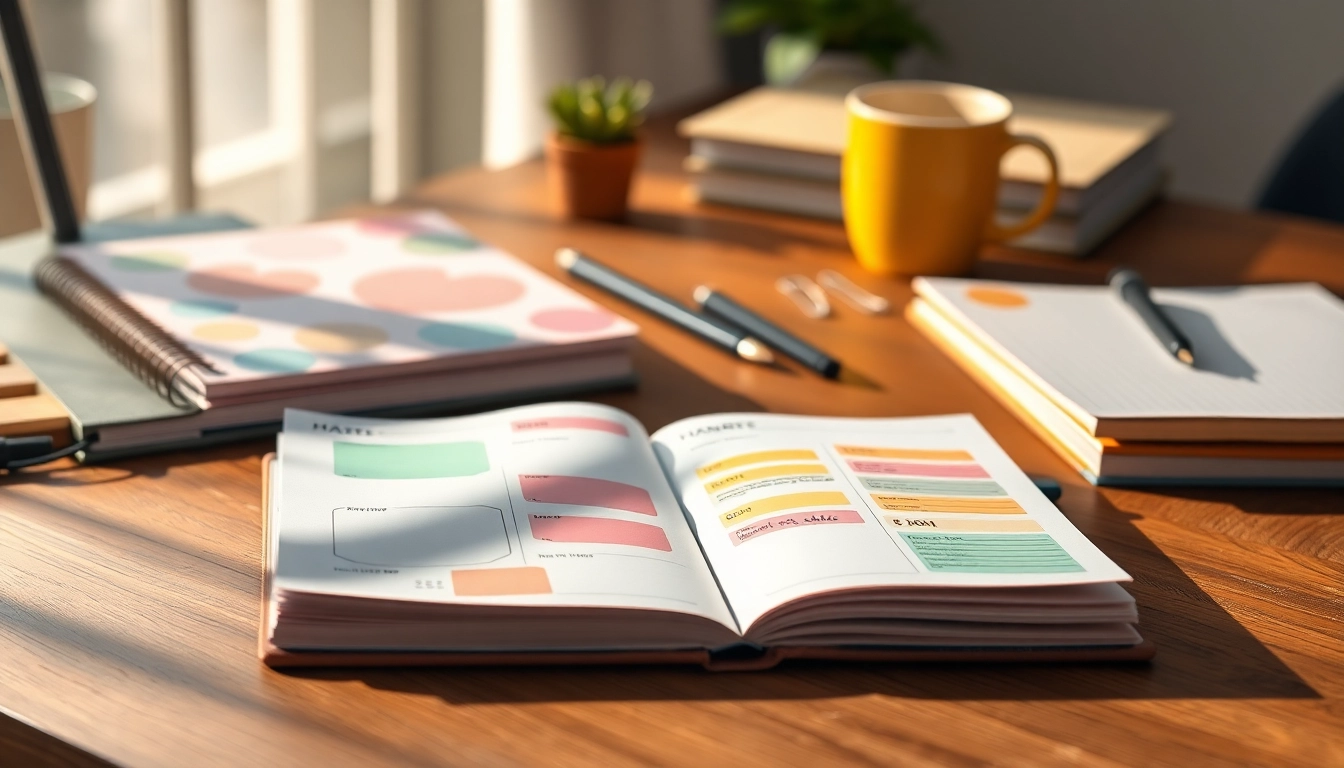 Showcasing stylus-friendly planners with detailed designs and inviting colors on a desk, enhancing productivity.