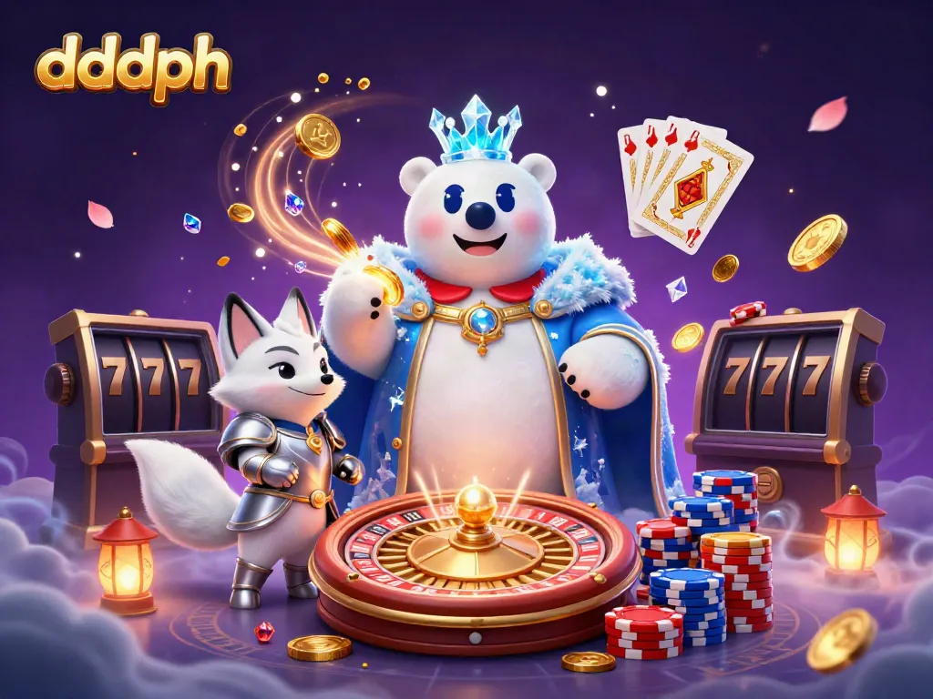 Experience dddph excitement with a whimsical illustration of a polar bear king and snow fox in a vibrant casino scene.