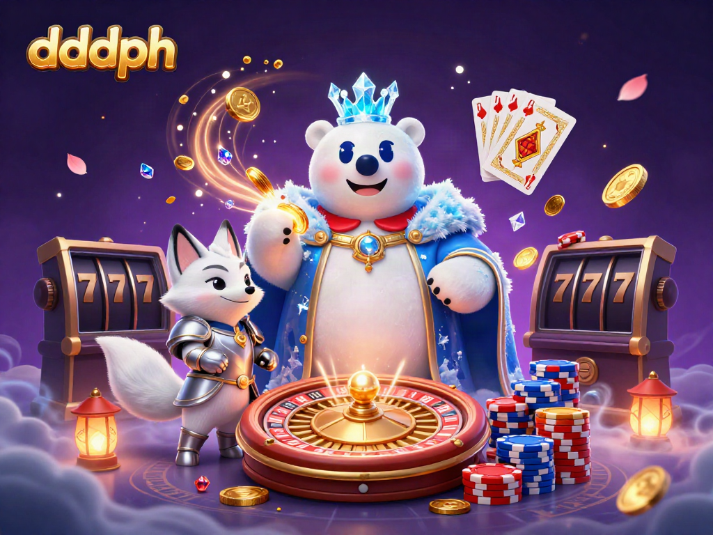 Experience dddph excitement with a whimsical illustration of a polar bear king and snow fox in a vibrant casino scene.