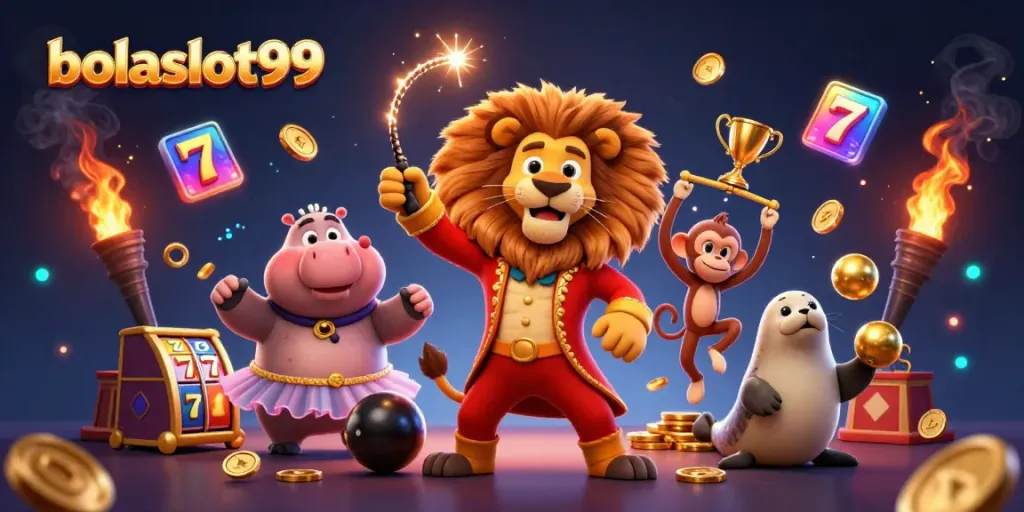 Experience the excitement at bolaslot99 with a dynamic casino-themed illustration featuring slot reels and vibrant characters.