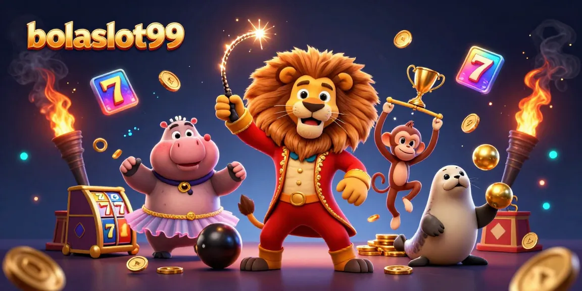 Experience the excitement at bolaslot99 with a dynamic casino-themed illustration featuring slot reels and vibrant characters.