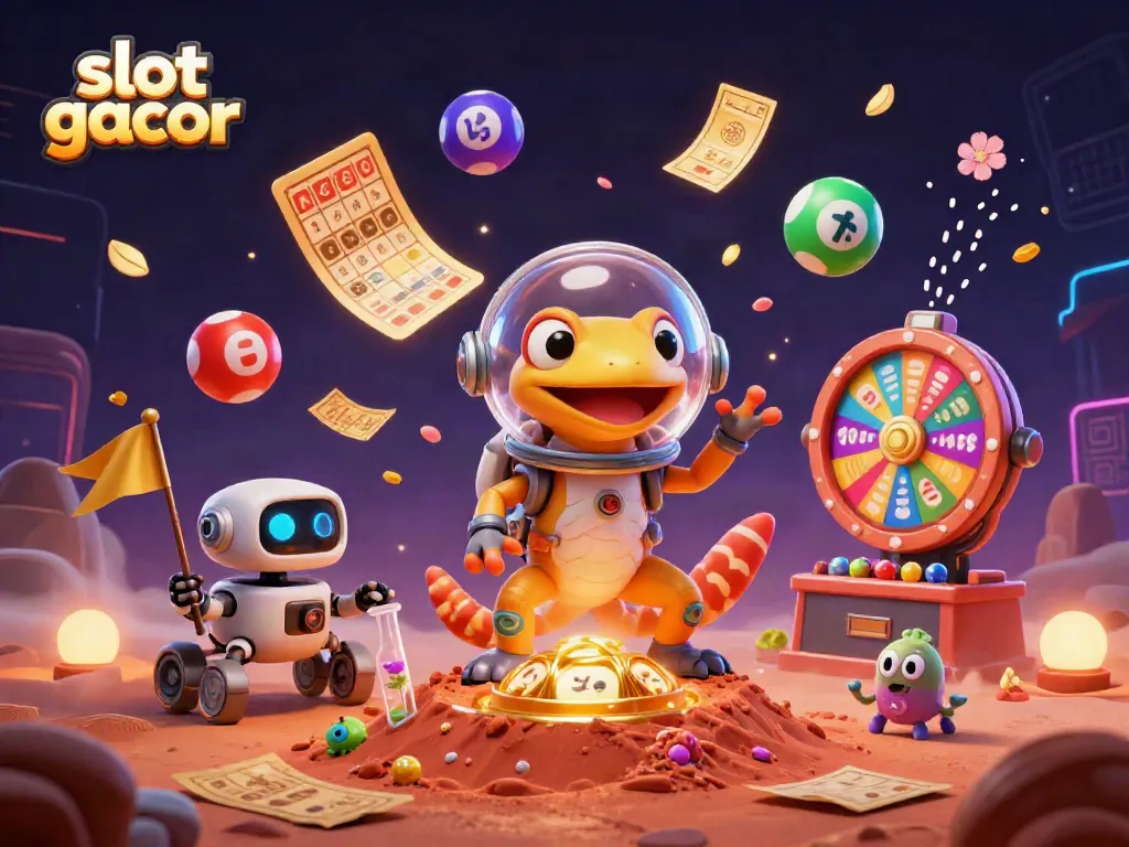 Mendapatkan slot gacor di kasino alien dengan gecko Mars dan teman robot satu gambar ceria.