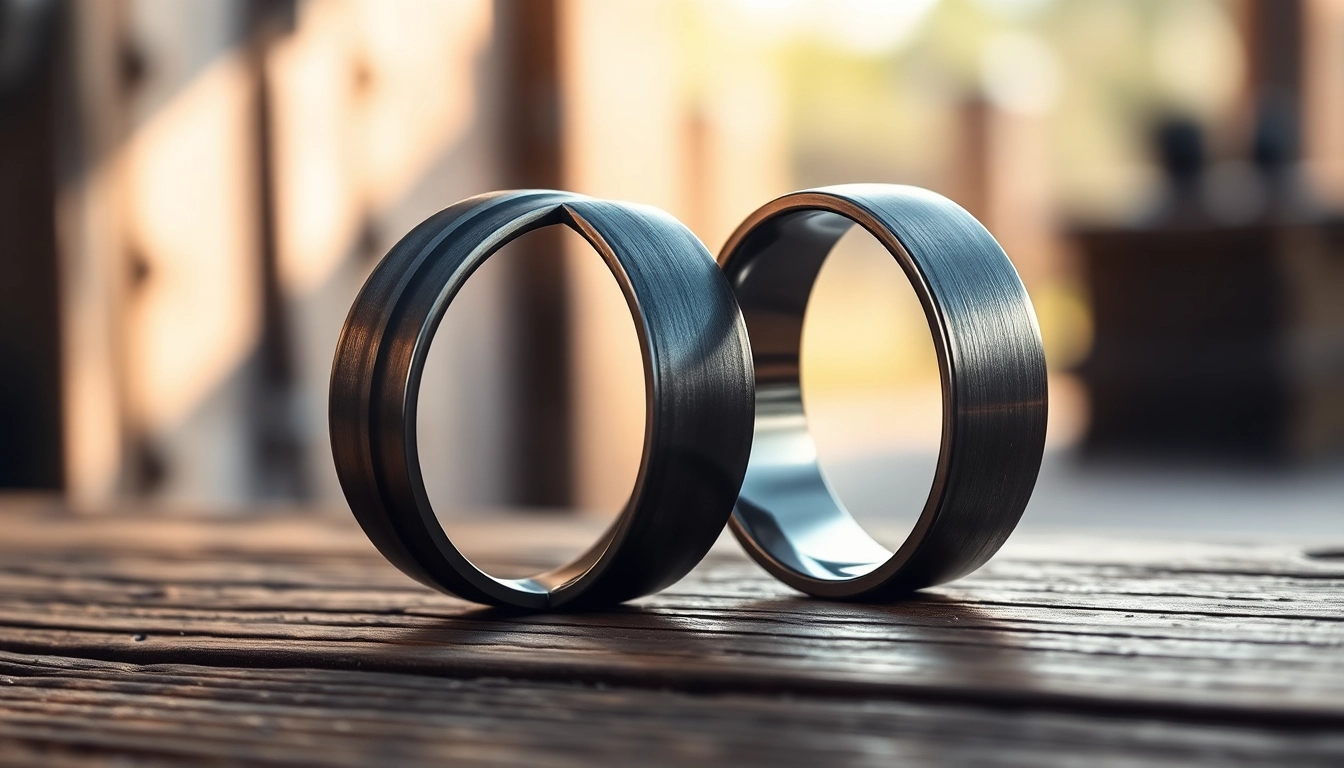 Showcasing Gunmetal Wedding Bands for Men with unique designs, textures, and rustic ambiance.