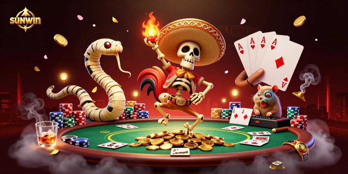 Experience the excitement of poker at sunwin with a festive casino scene filled with vibrant characters and thrilling game elements.