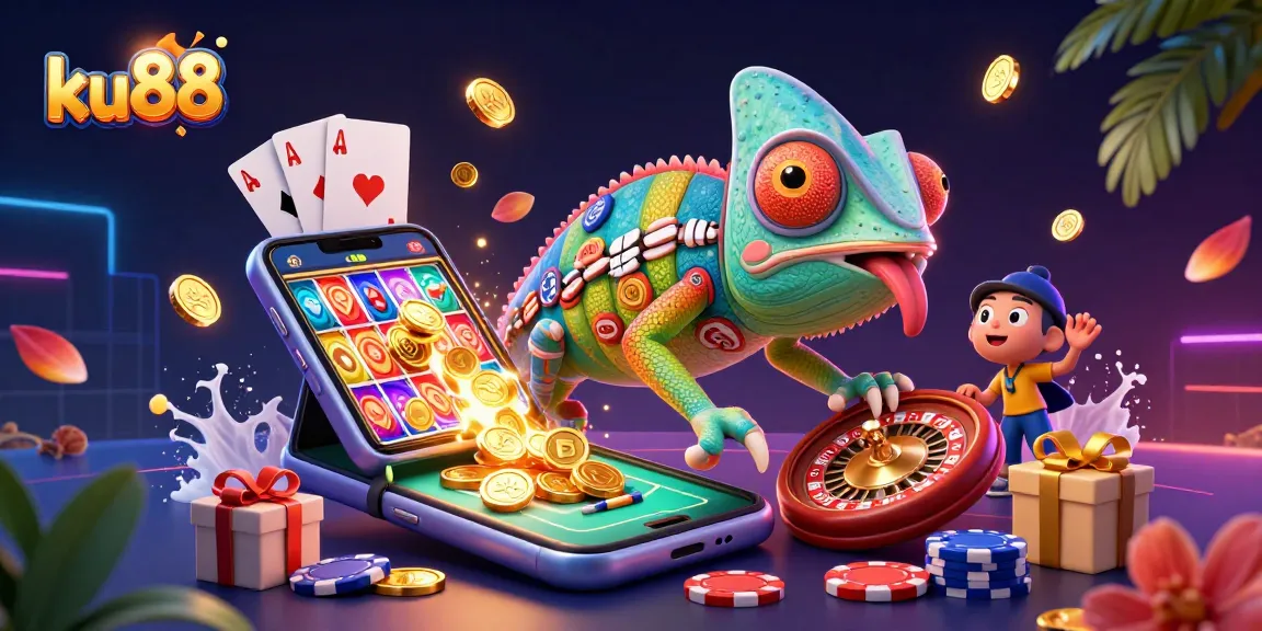 ku88 chameleon casino owner watching games while collecting coins amidst vibrant digital gaming elements