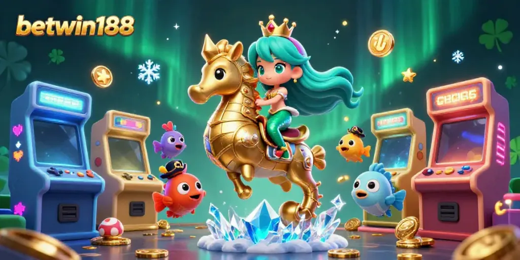 Mencari akses mudah ke BETWIN188 dengan ilustrasi putri duyung dan kuda laut berlatarkan permainan arcade.