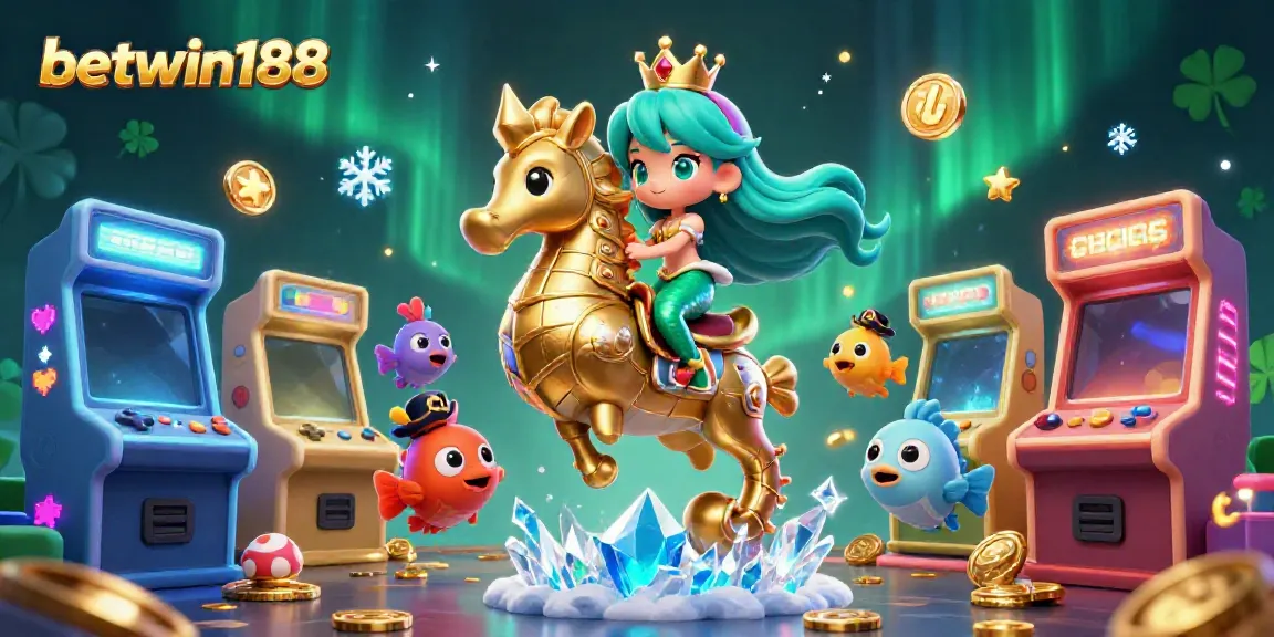 Mencari akses mudah ke BETWIN188 dengan ilustrasi putri duyung dan kuda laut berlatarkan permainan arcade.