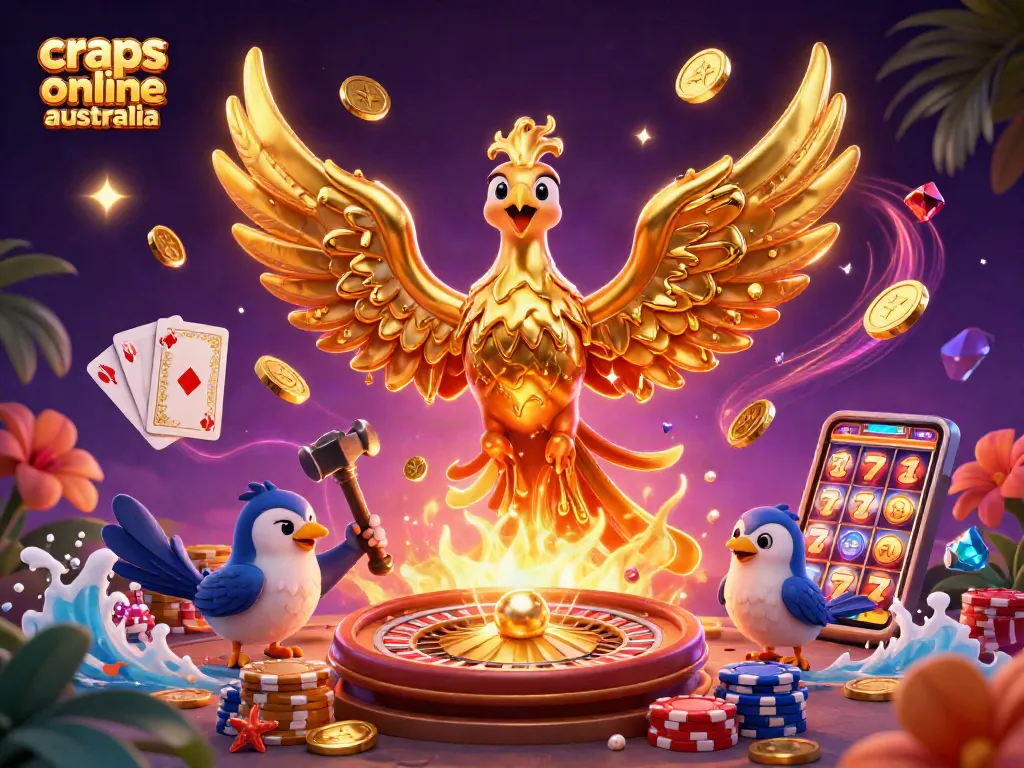 Experience the thrill of craps online australia with a dynamic 3D illustration featuring golden winning moments.