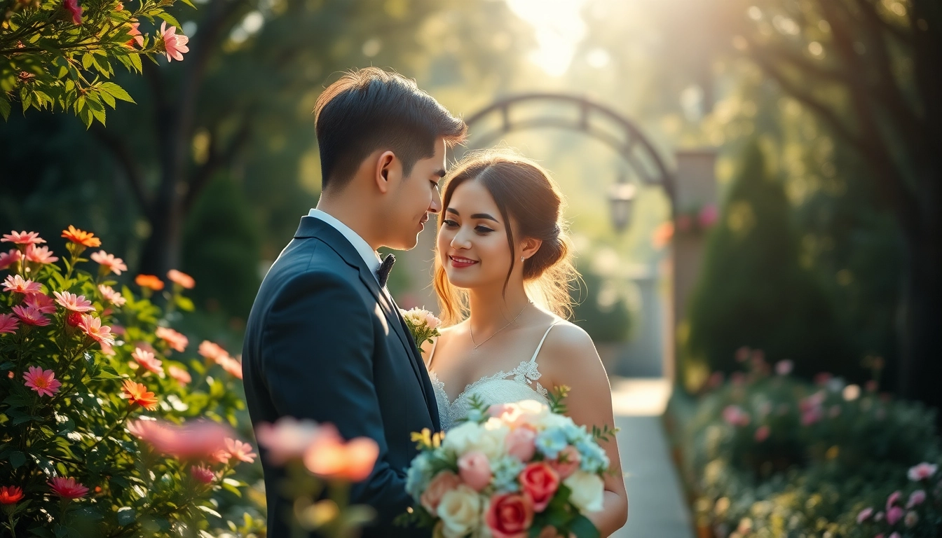 Capture of a small wedding photographer documenting a couple's love in a serene garden.