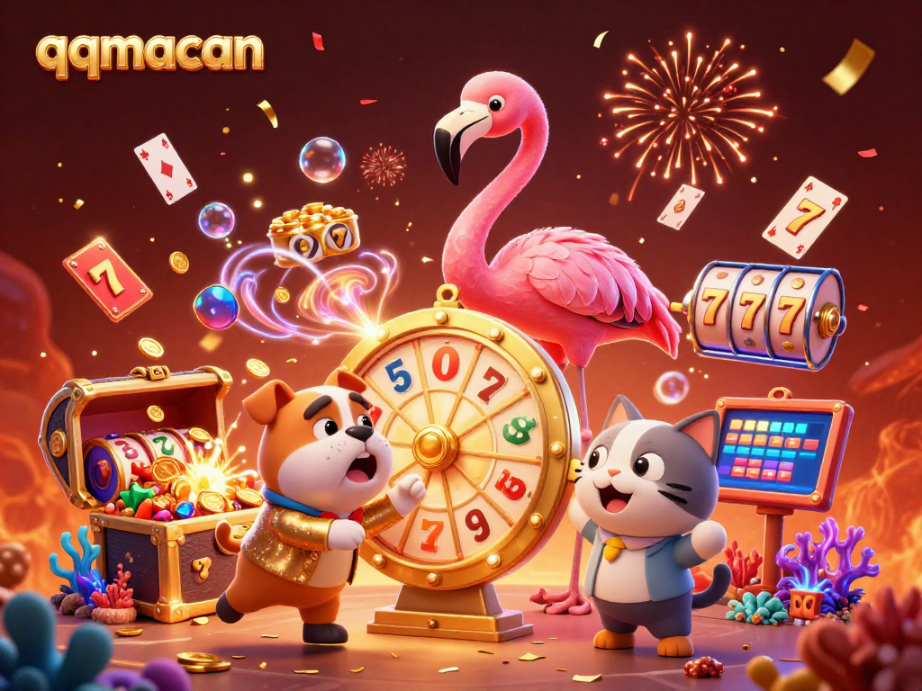 Spin the giant prize wheel with qqmacan in a vibrant casino illustration featuring characters and treasures.