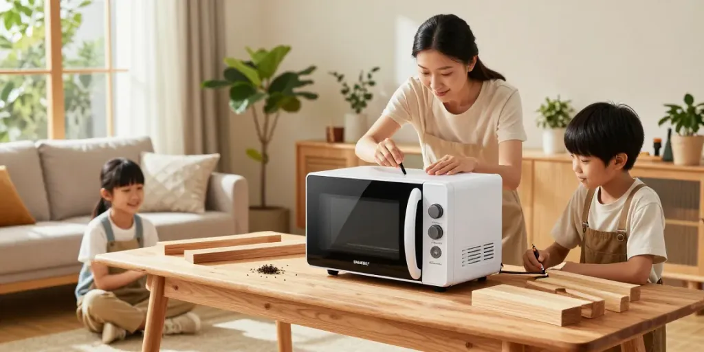 Family using SHASHEL® microwave equipment for eco-friendly woodworm treatment in a cozy living room.