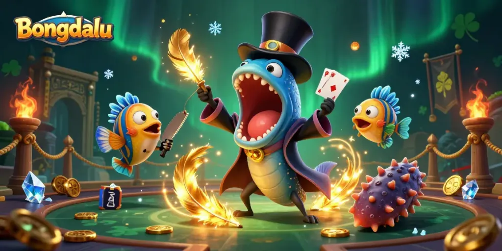 Bongdalu showcases a vibrant magic act with animated sea creatures performing thrilling card tricks in an enchanting atmosphere.