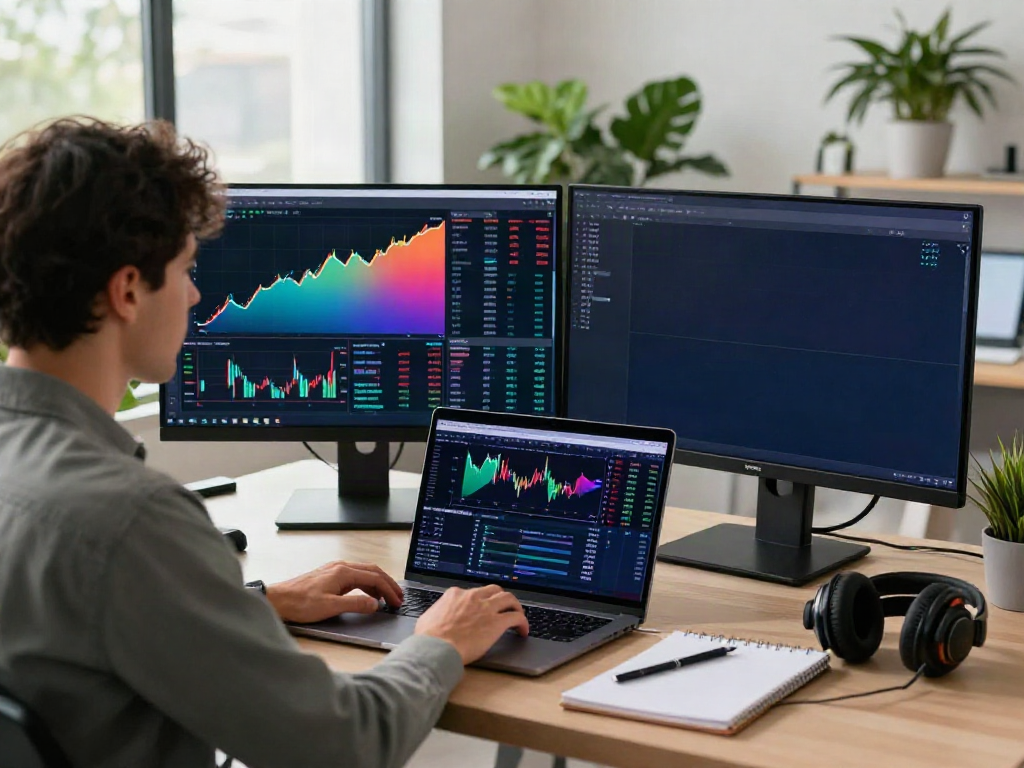 Trader using TradingView in a modern workspace analyzing financial charts and market data.