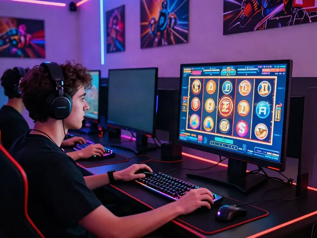 Engaging online gaming scene showcasing ทดลองสล็อต on a vibrant digital slot machine with a focused gamer.