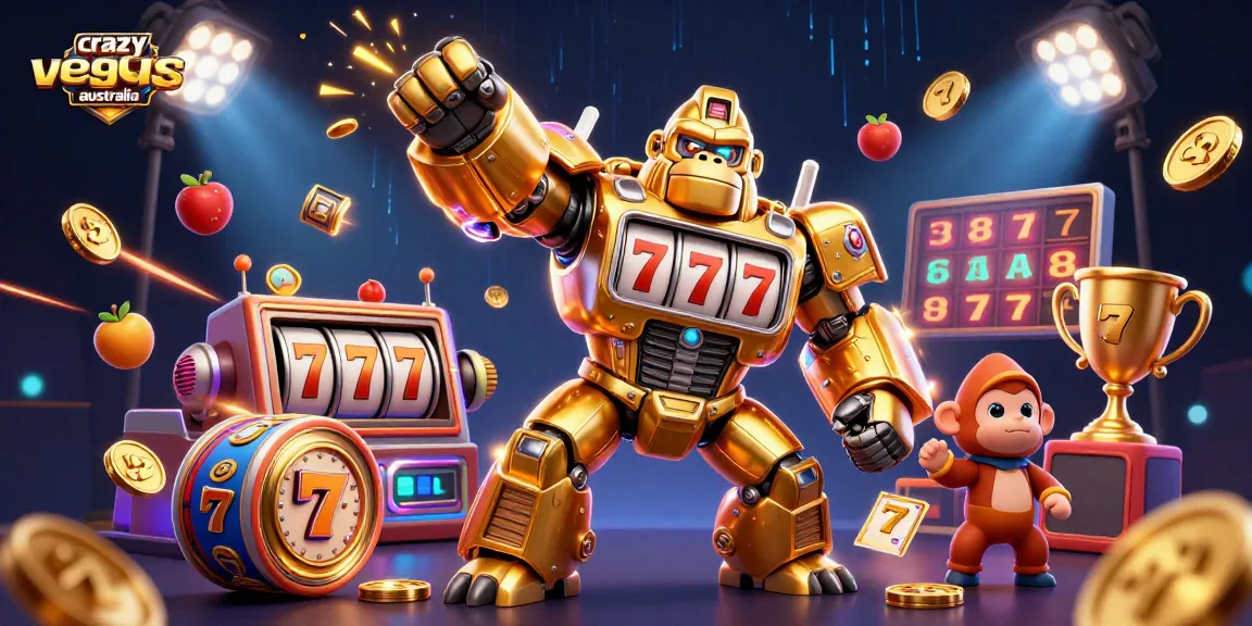 Engage with exciting gaming action at crazyvegas australia featuring a dynamic 3D illustration of a golden gorilla mech.