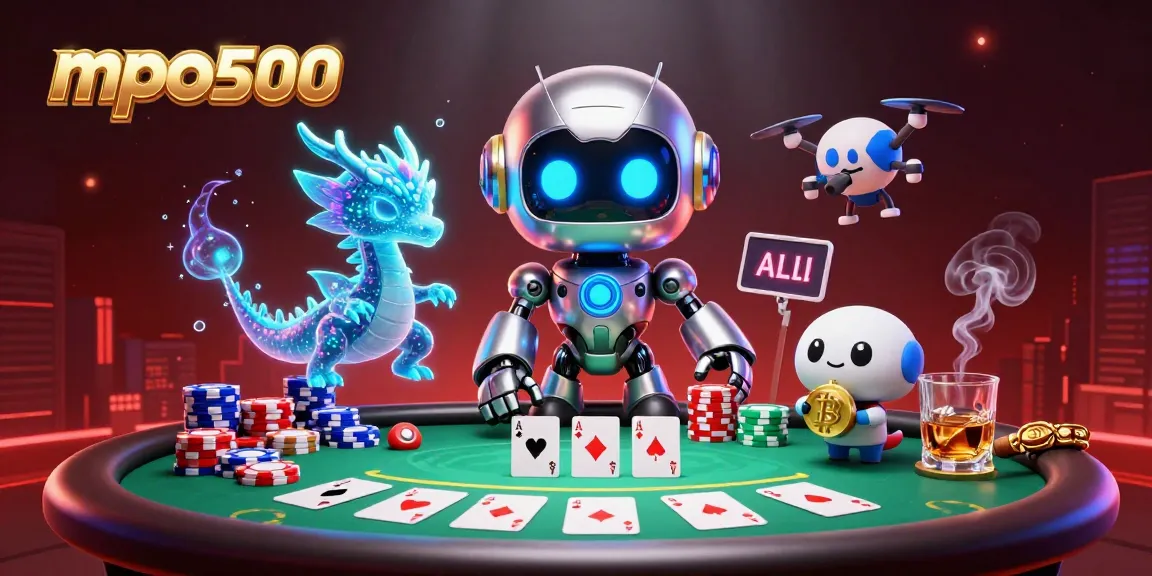 Engage with mpo500's thrilling gameplay showcased in a vibrant 3D casino scene with poker elements.
