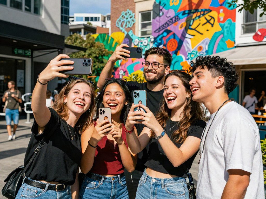 Young adults exploring celebs i look like app results in an urban setting.