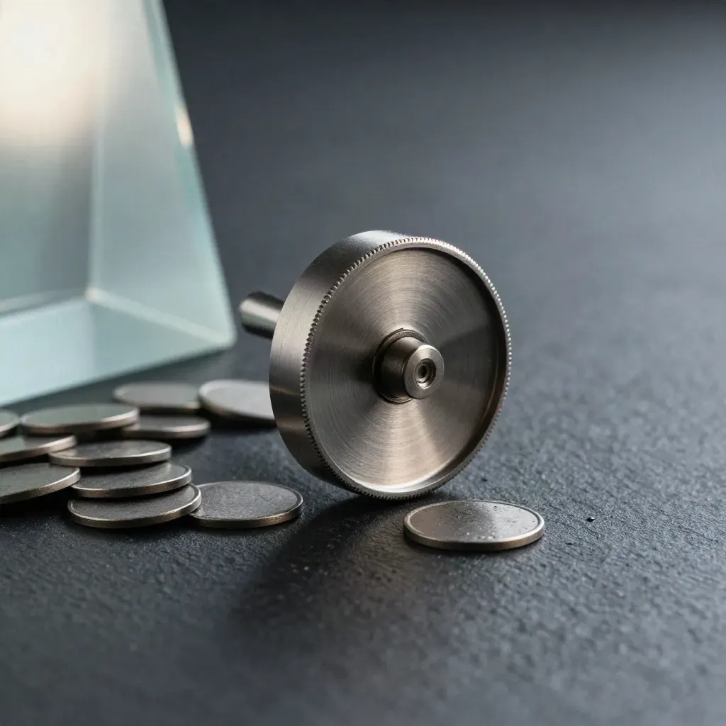 Brushed-steel scoring wheel, graphite tokens and frosted prism on dark stone, premium studio still life.