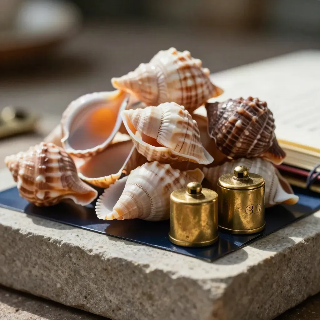 Brass paperweights, prototype shells and a closed notebook on stone under dramatic side light