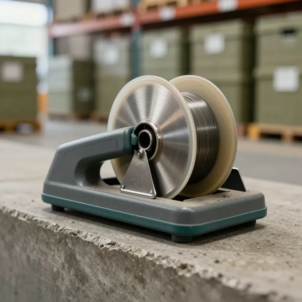 Macro of warehouse scanner cradle, security tag spool and steel clip on a concrete ledge