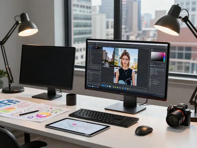Designer using AI image variations software in a vibrant creative workspace.
