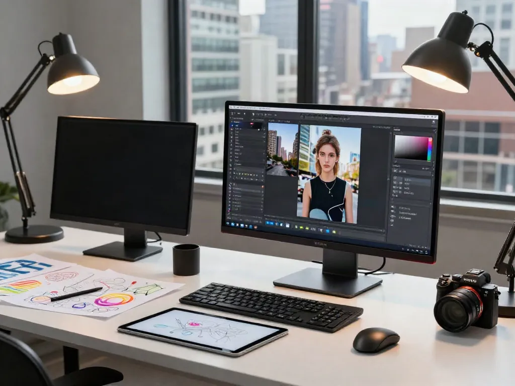 Designer using AI image variations software in a vibrant creative workspace.