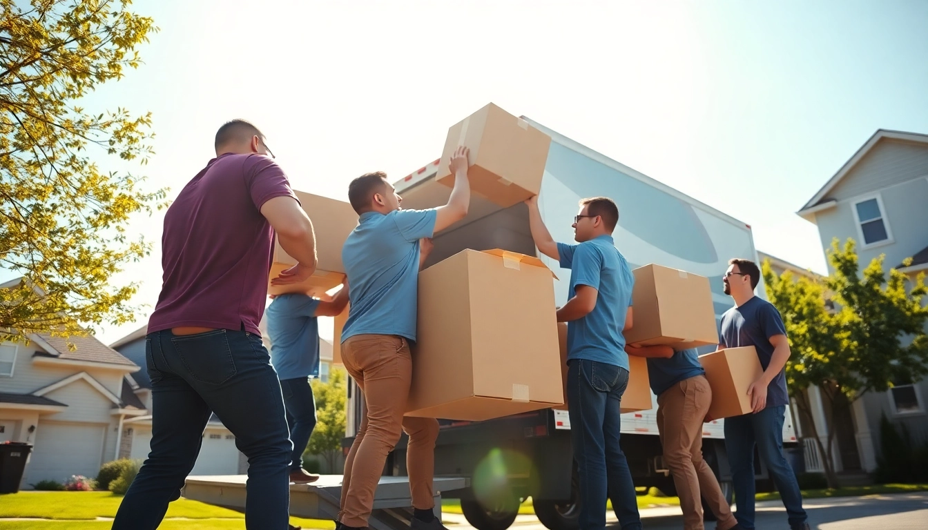 Experienced local apartment movers efficiently loading boxes into a truck during a sunny day.
