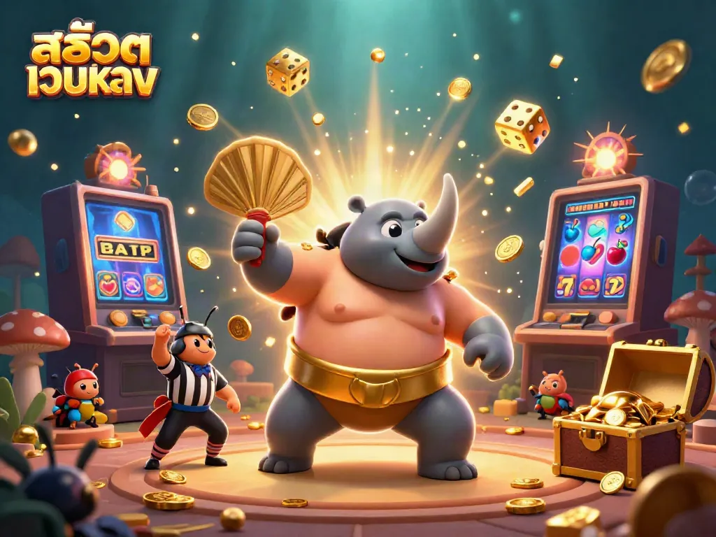 Experience the excitement of สล็อตเว็บตรง with a dynamic casino scene, showcasing a beetle champion and a jackpot explosion.
