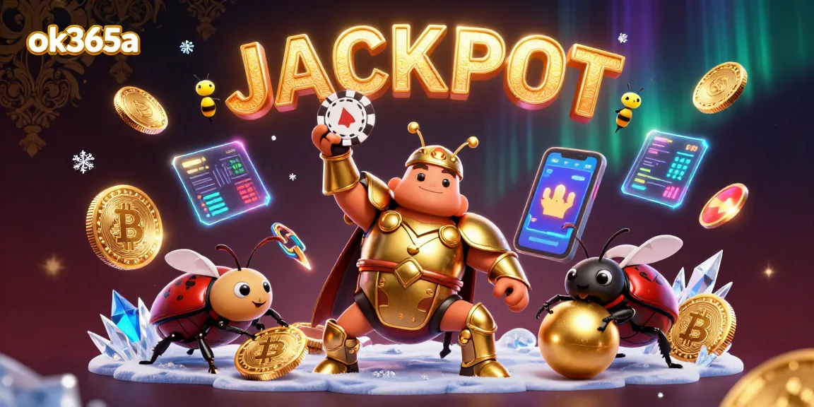 Join the excitement of ok365a as a cartoon beetle celebrates a jackpot victory in a vibrant casino scene.