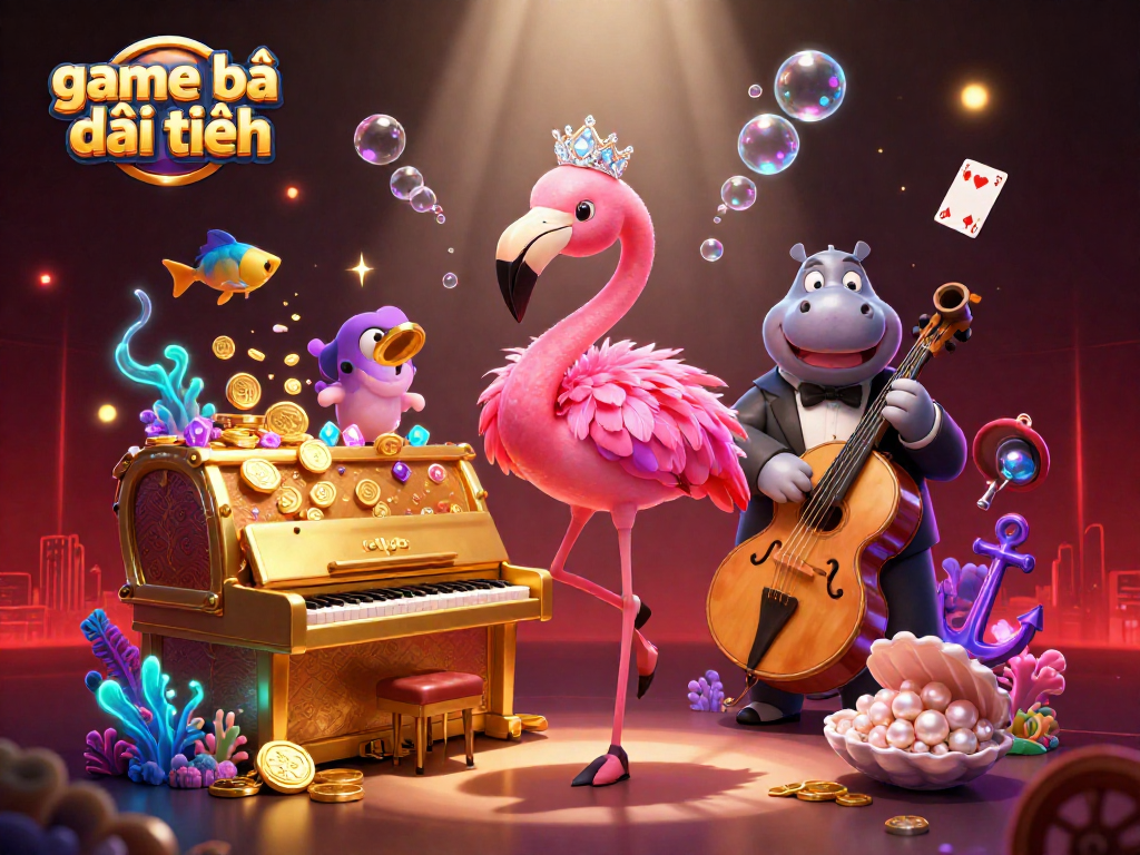 Play game bài đổi thưởng with vibrant casino characters surrounded by treasure and underwater elements.