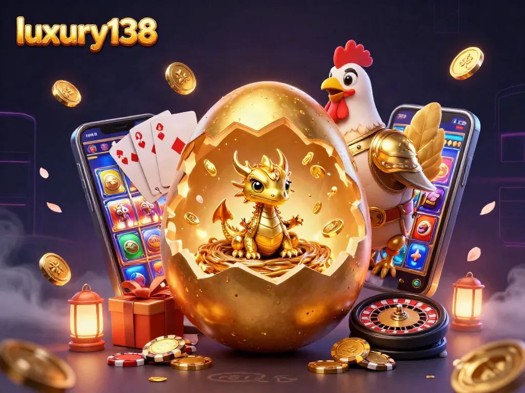 Menggali peluang menang dengan luxury138 melalui ilustrasi kasino yang penuh petualangan dengan naga emas dan chip poker.