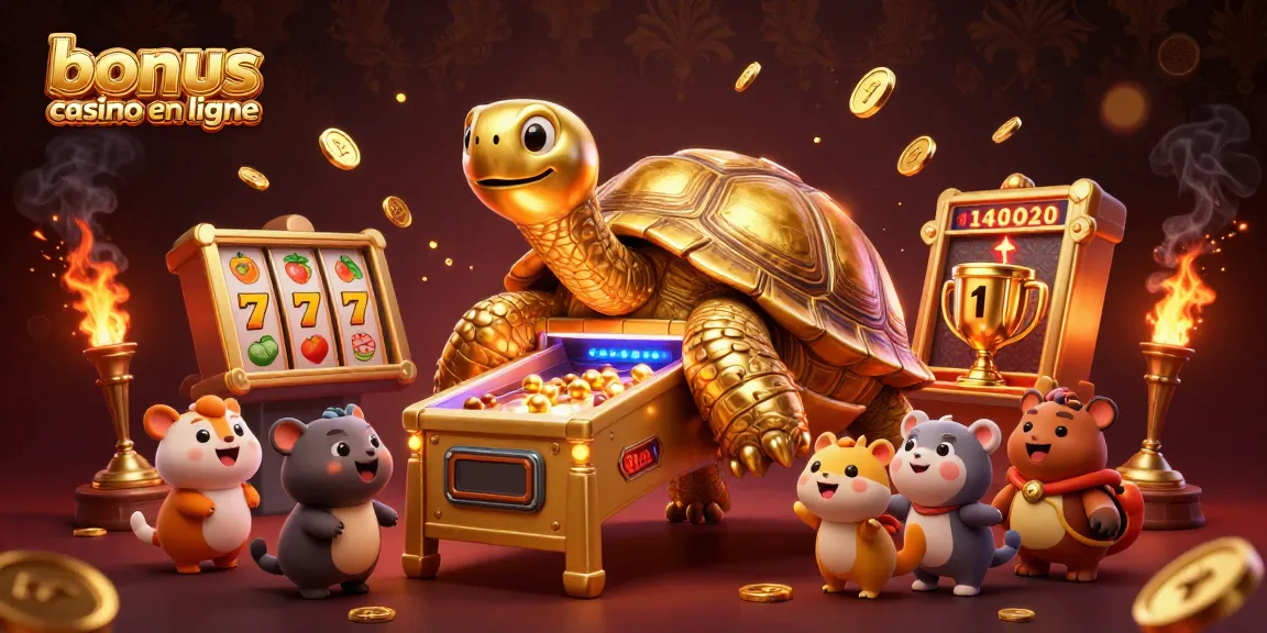 Profitez des bonus casino en ligne avec une tortue géante jouant à des machines à sous entourée de surprises dorées.