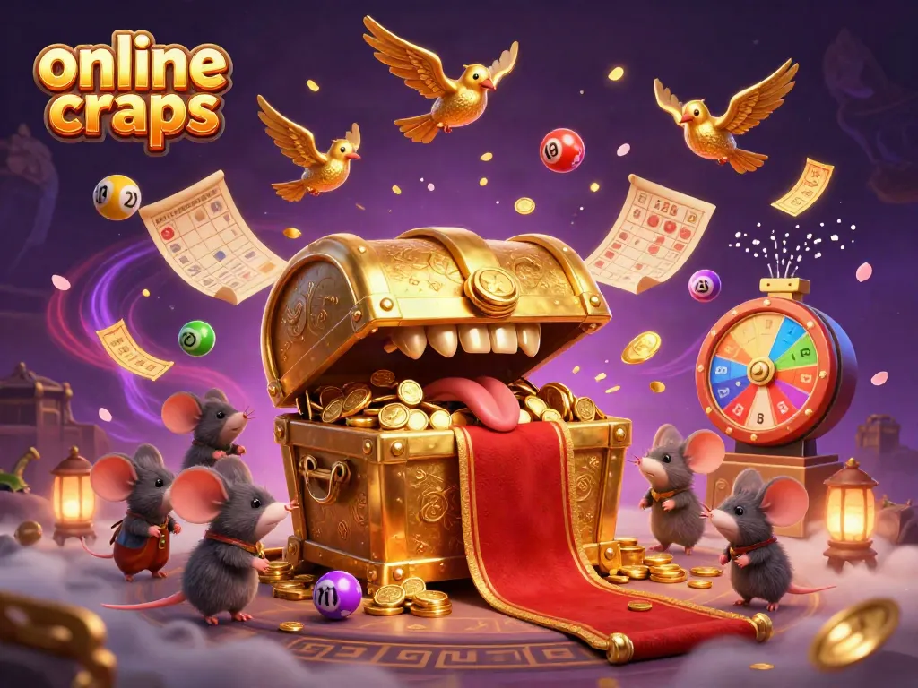 Engage in online craps as animated mice approach a treasure chest, surrounded by colorful lottery elements.