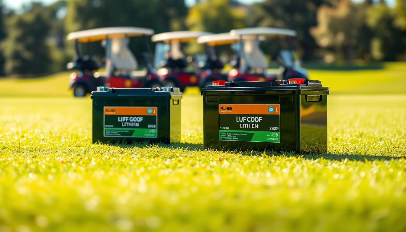 Showcasing lithium golf cart batteries on a golf course, highlighting their design and features.