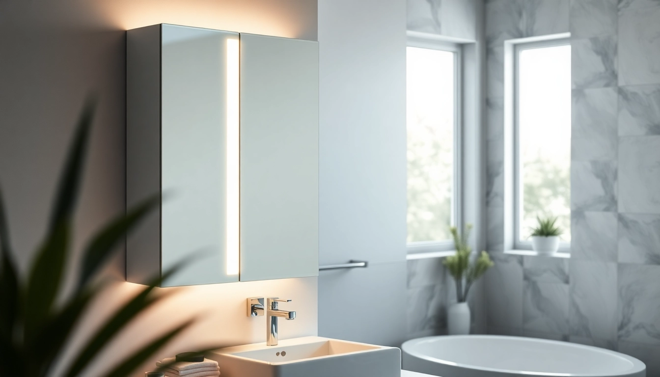 Spiegelschrank Bad mit Beleuchtung in modernem Badezimmer mit eleganten Details.