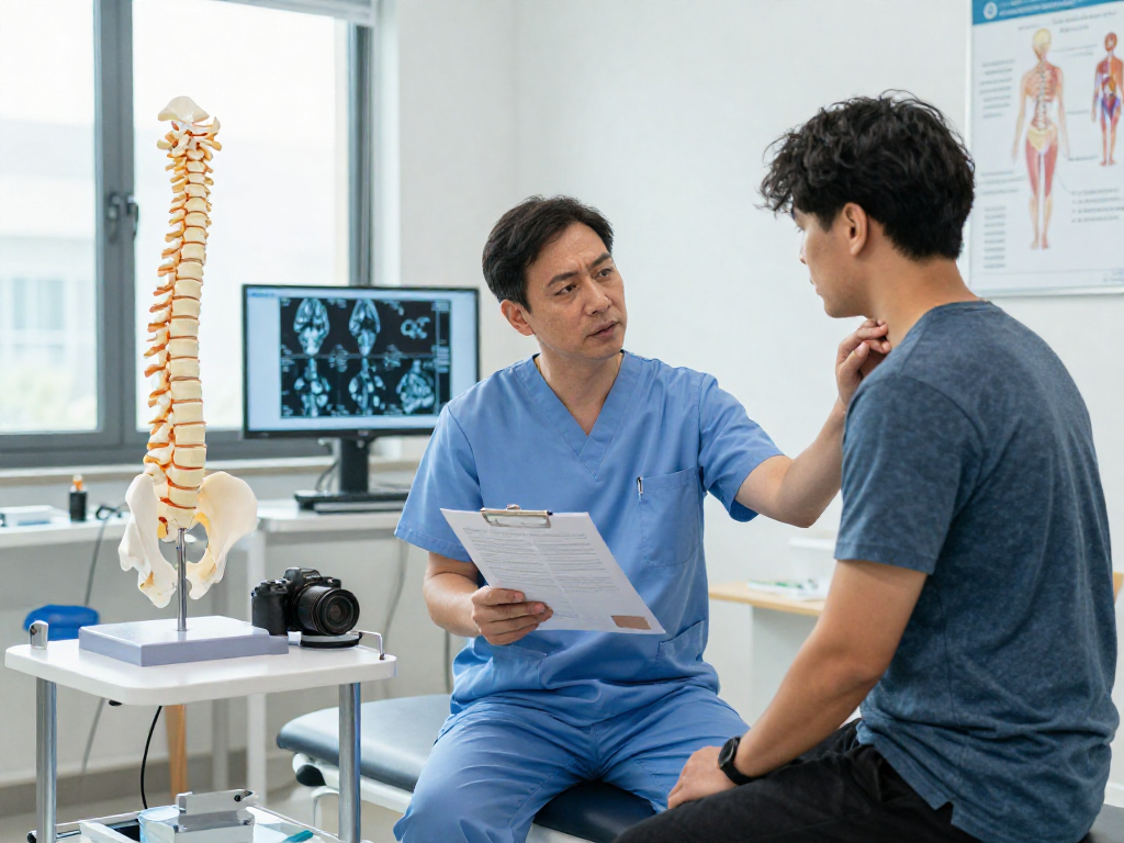 Boyun fıtığı ameliyatı consultation with doctor and patient in a modern clinic.
