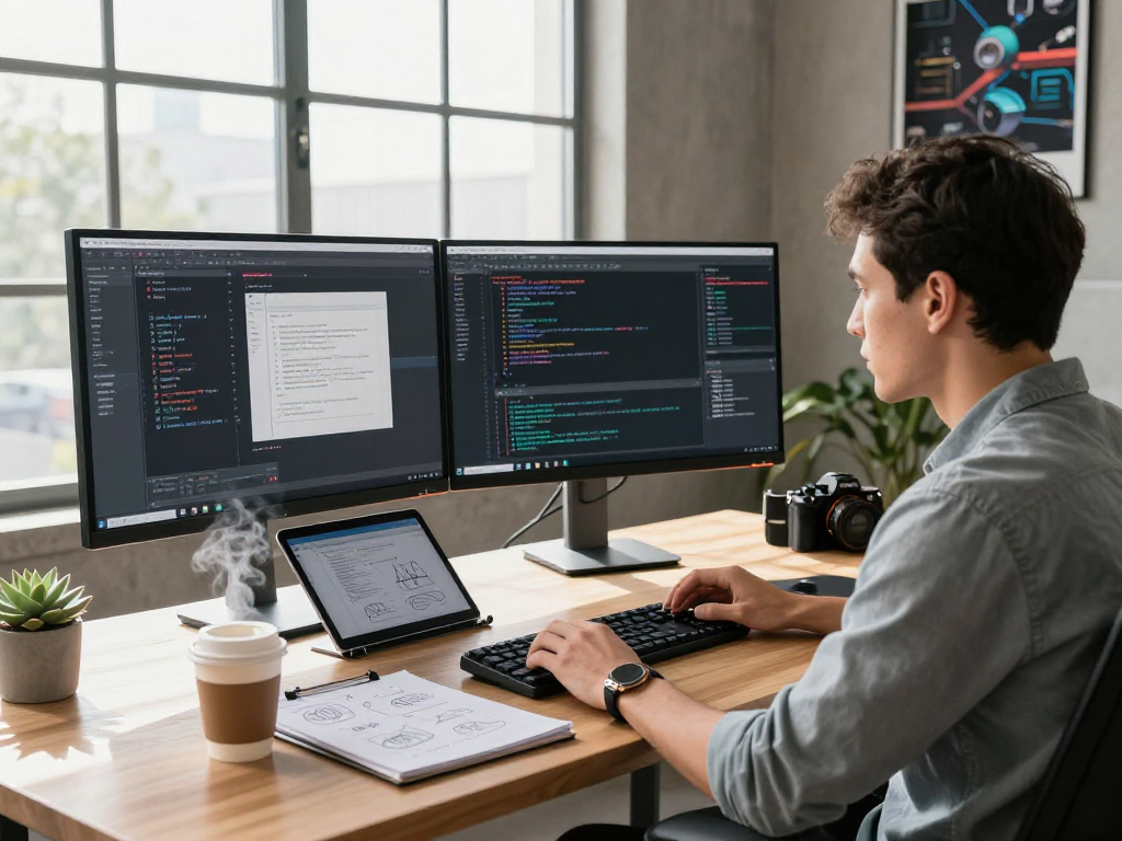 Innovative technology workspace with a developer coding at dual monitors displaying net88.se.net projects, showcasing a productive environment and modern equipment.