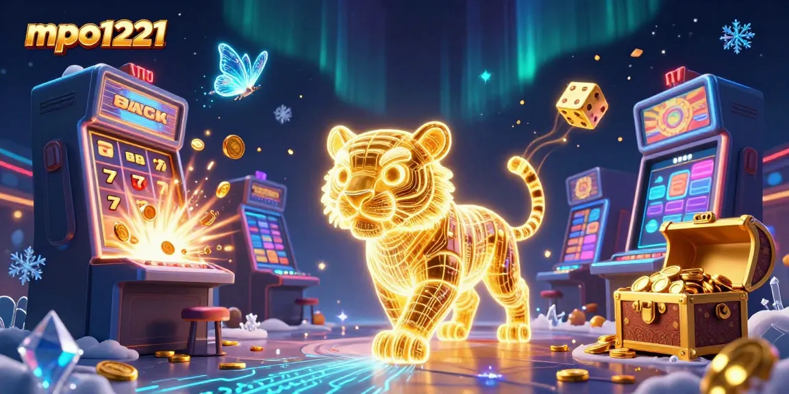 Engage with mpo1221 in an electrifying digital casino scene filled with jackpots, golden symbols, and neon tiger energy.