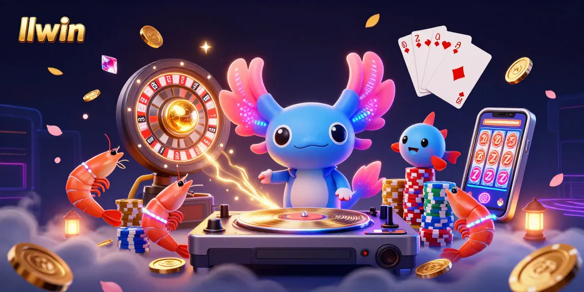 Immerse in llwin's vibrant gaming scene with a neon axolotl DJ, coins, and casino elements!