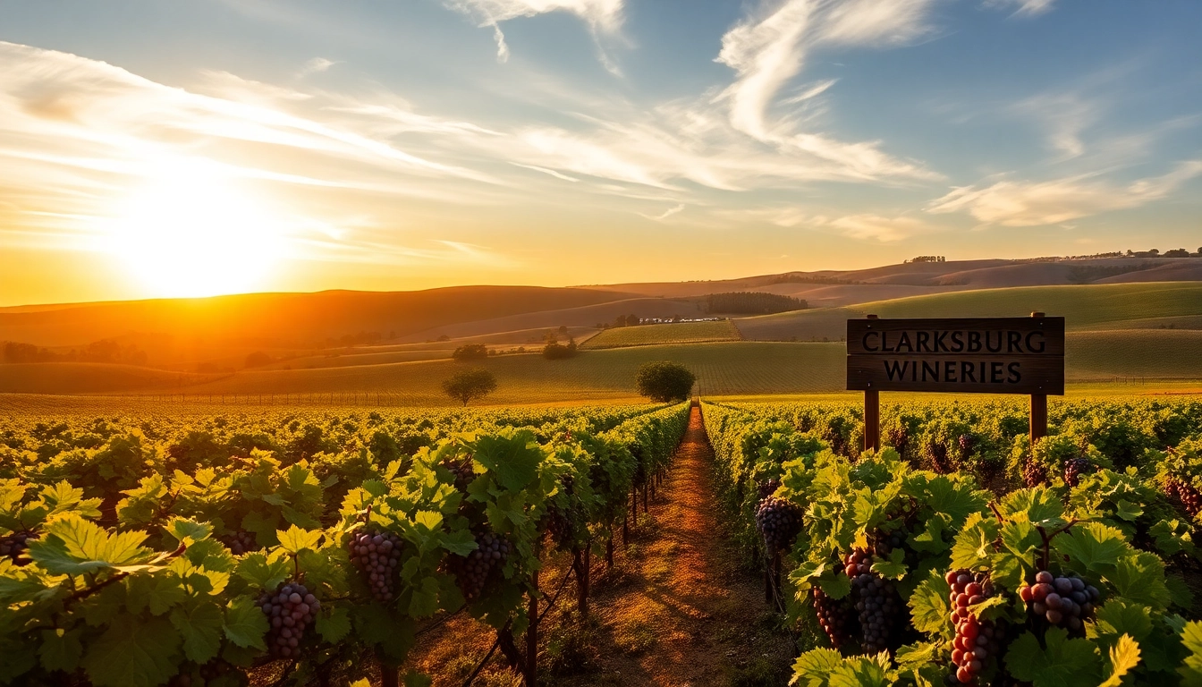 Experience the beauty of Clarksburg wineries with lush vineyards bathed in golden sunset light.