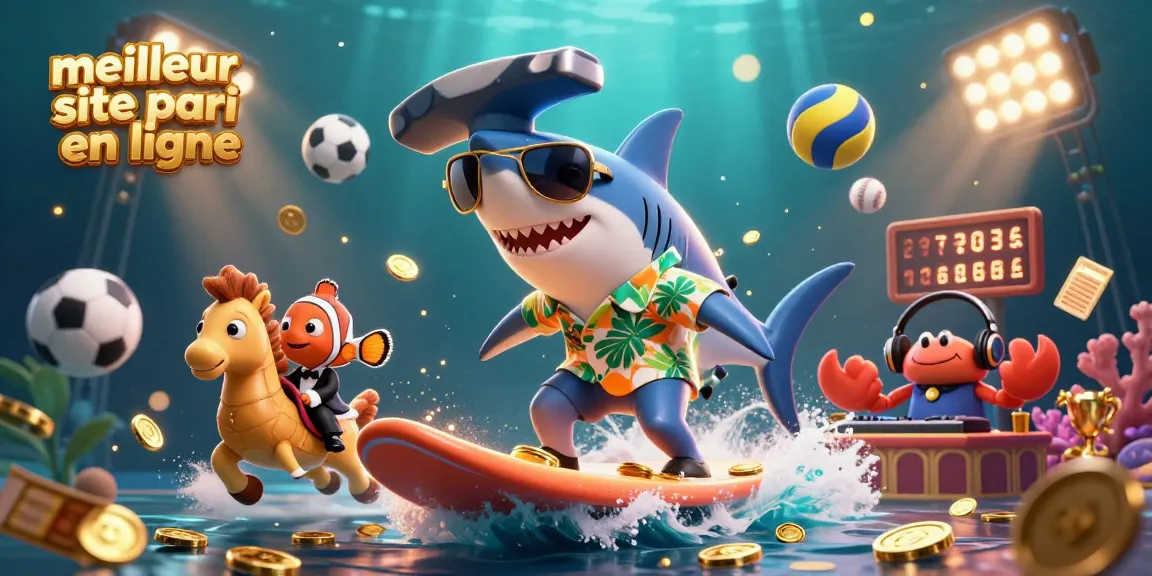 Gagnez sur le meilleur site pari en ligne avec cette illustration vibrant avec un requin marteau et des éléments sportifs.