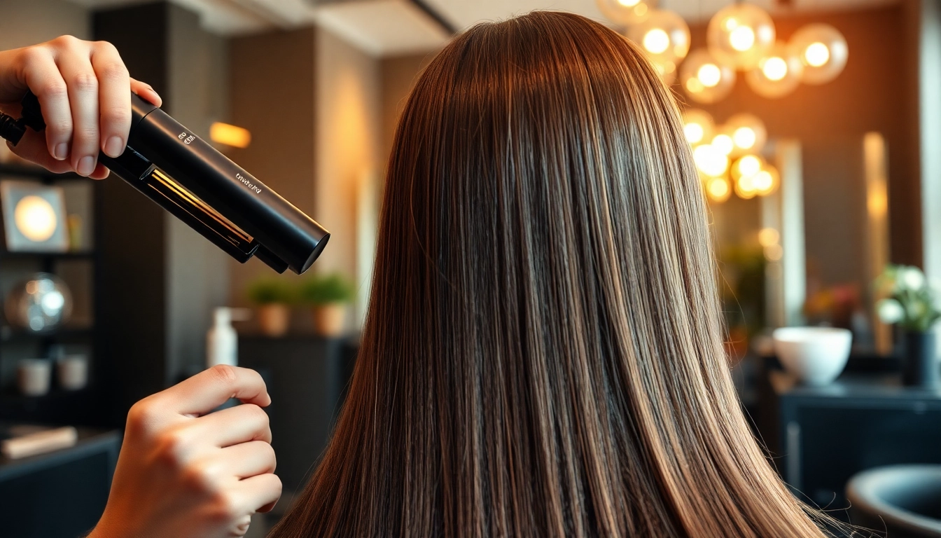 Hair straightening treatment in a stylish salon showcasing sleek, smooth hair.