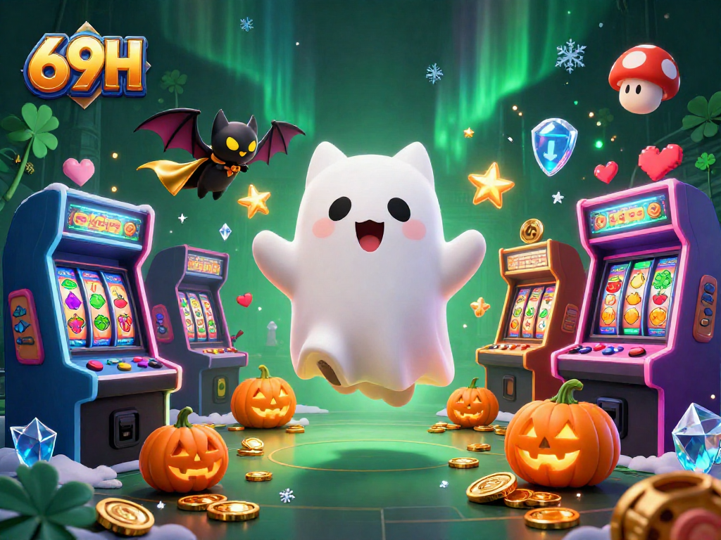 Ganhe jogando no cassino 69H com um gato fantasma e elementos de caça-níqueis.
