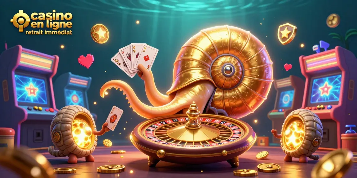 Illustration colorée évoquant le monde du casino en ligne avec retrait immédiat et des éléments de jeu ludique.