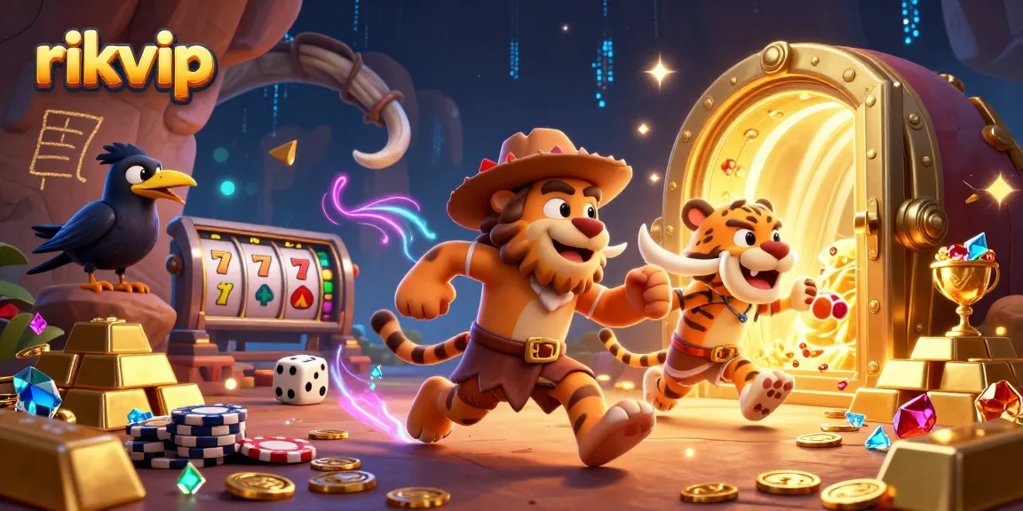Experience thrilling slots at rikvip with a vibrant 3D casino illustration showcasing animated characters and sparkling treasures.