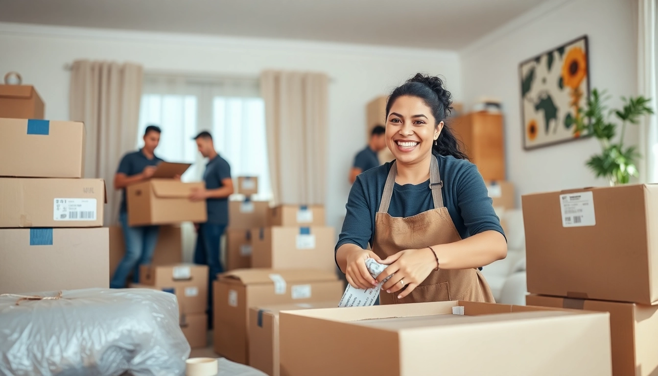 Expert movers providing Professional Packing Services in a bright, organized living room during relocation.
