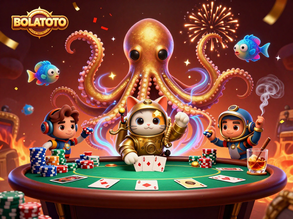 BOLATOTO offers thrilling experiences with a kraken, diving cat, and winning poker setup.
